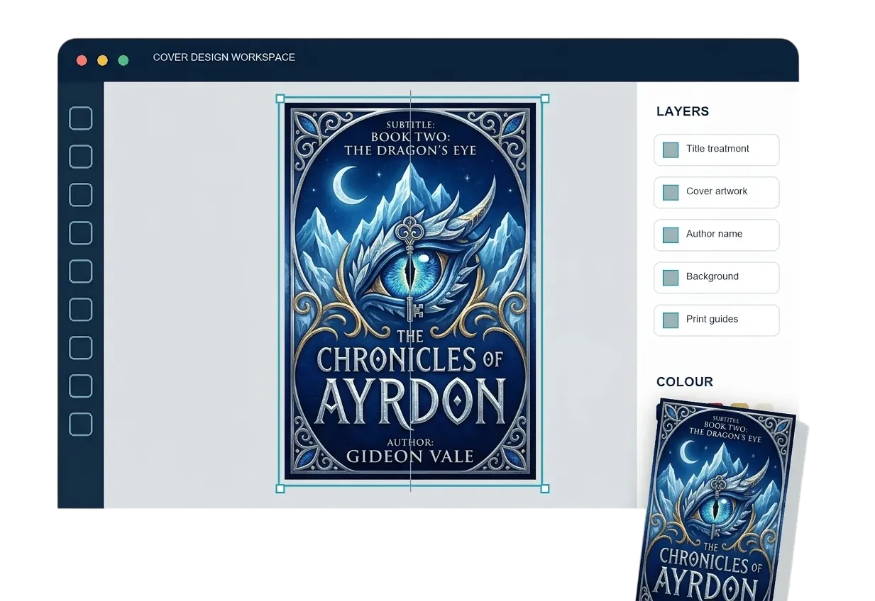 A real published cover being refined in a professional design workspace